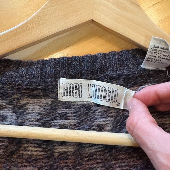 Vintage Cosi L'Uomo Shetland Wool V-Neck Sweater Men's Large 80s 90s Black Brown - Picture 4 of 7
